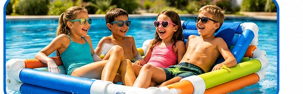 Four kids floating on a colorful raft built from ordinary noodles